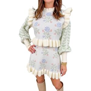 MABLE Floral Knit Ruffle Sweater Dress Puff Sleeves Cottagecore M